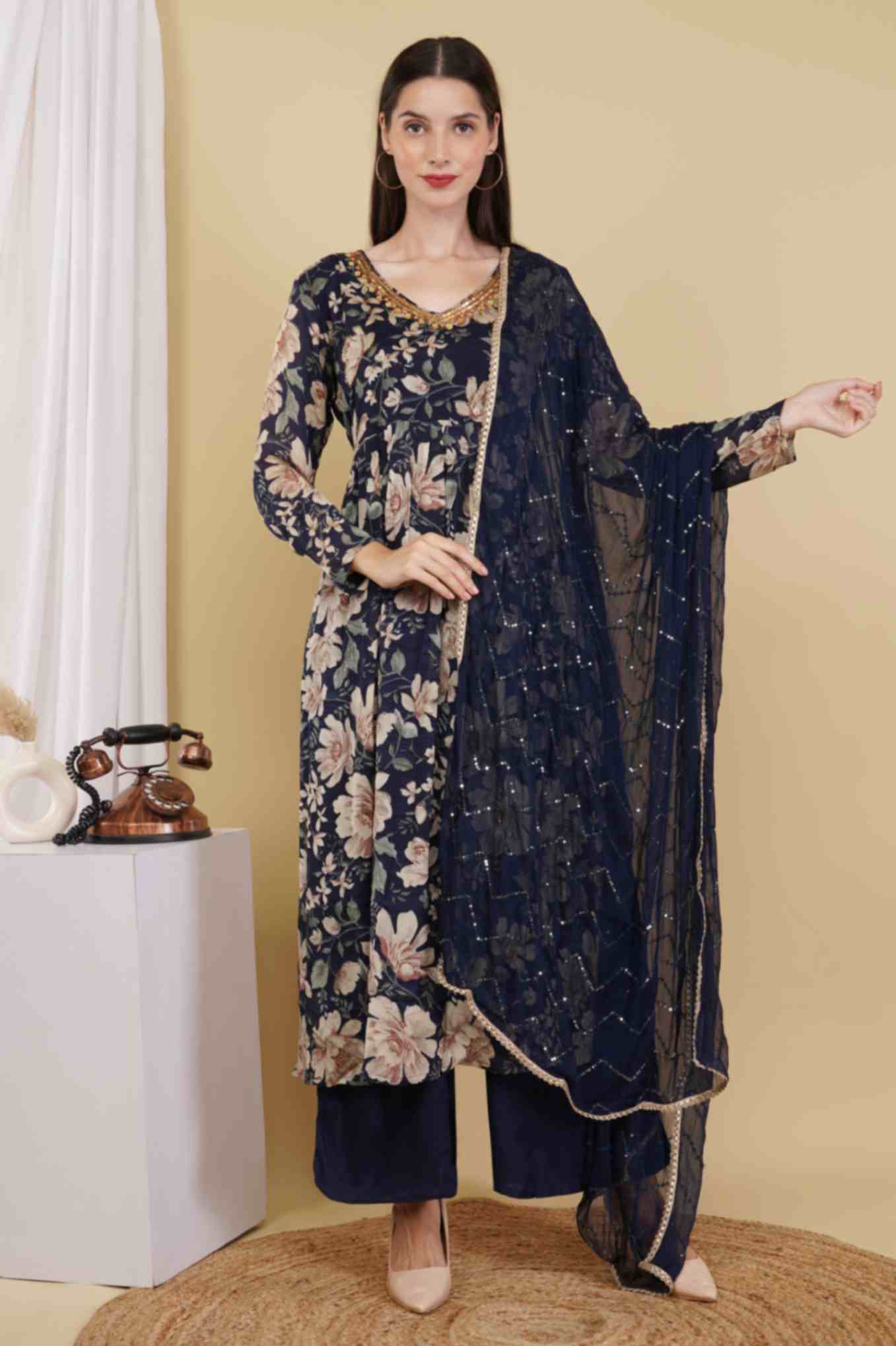 Navy Blue Floral Kurta Set wesnic clothing
