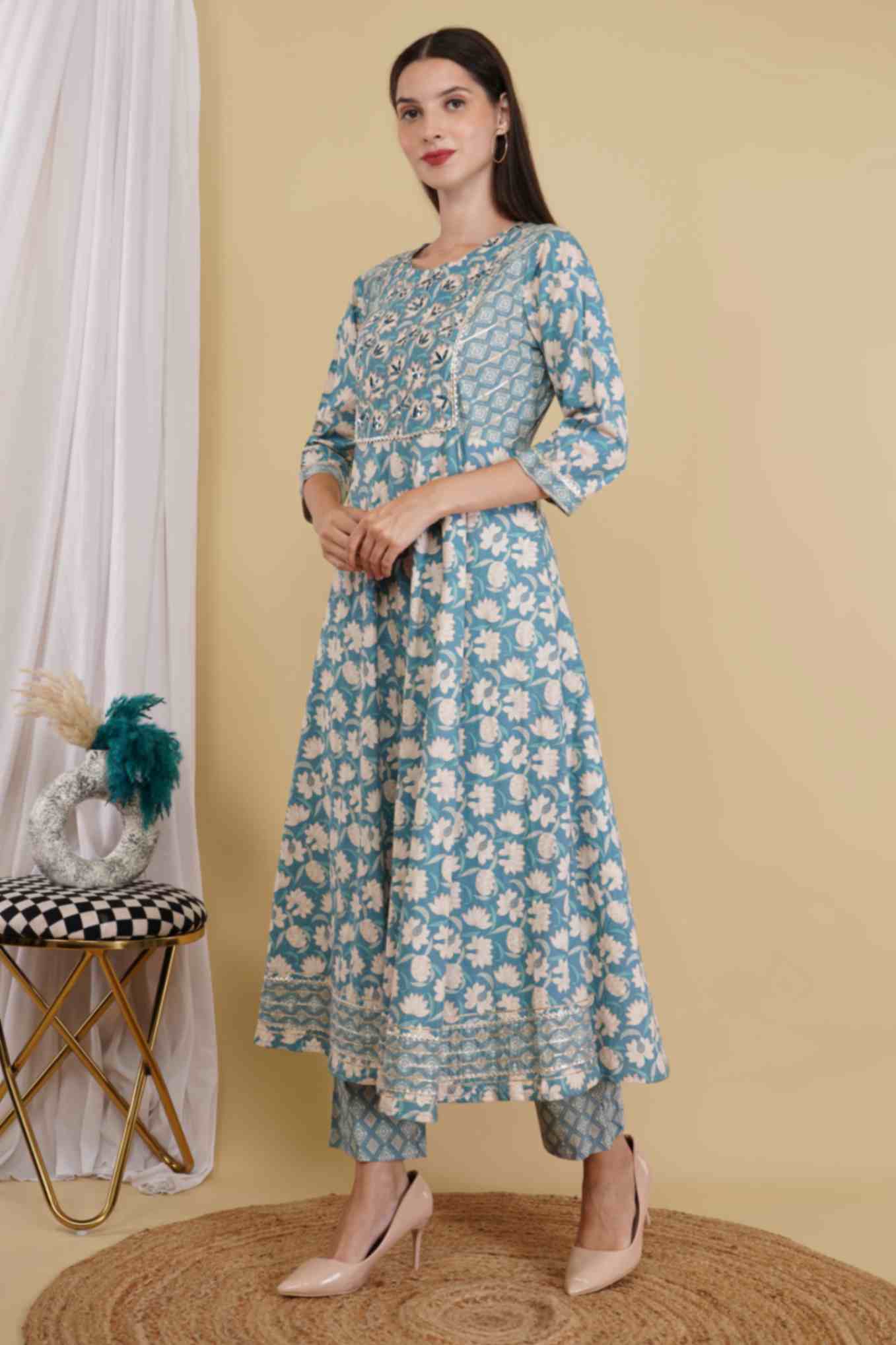 Handblock Blue Beige Kurta Set wesnic clothing