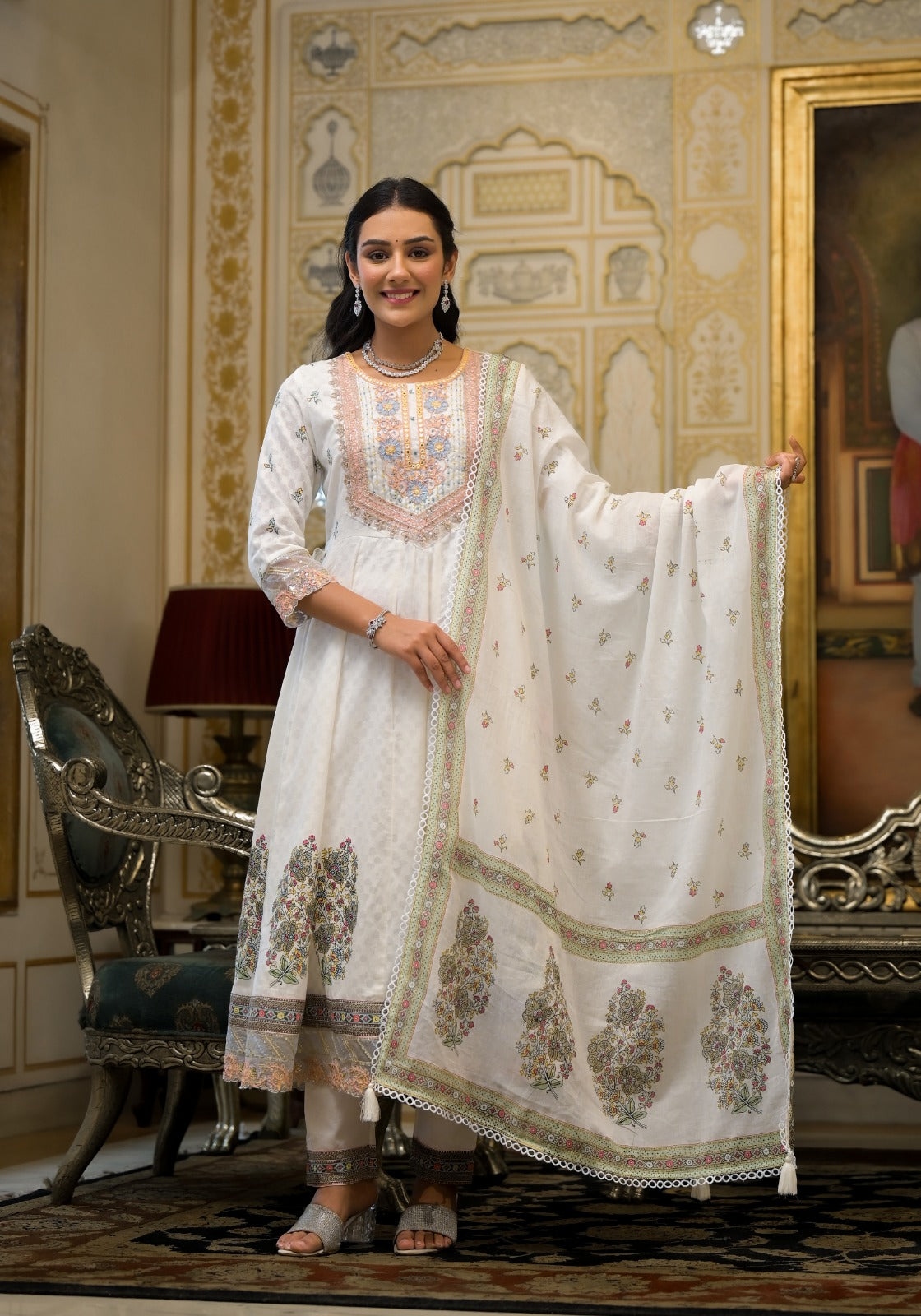 Elegant Pure Cotton White Anarkali Set wesnic clothing