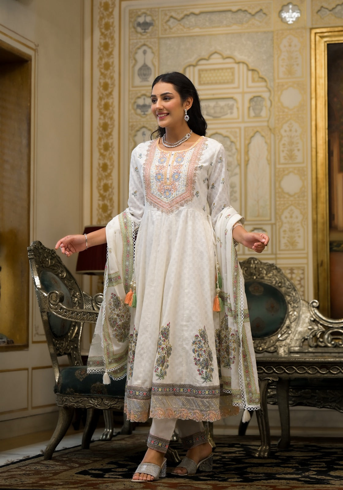 Elegant Pure Cotton White Anarkali Set wesnic clothing