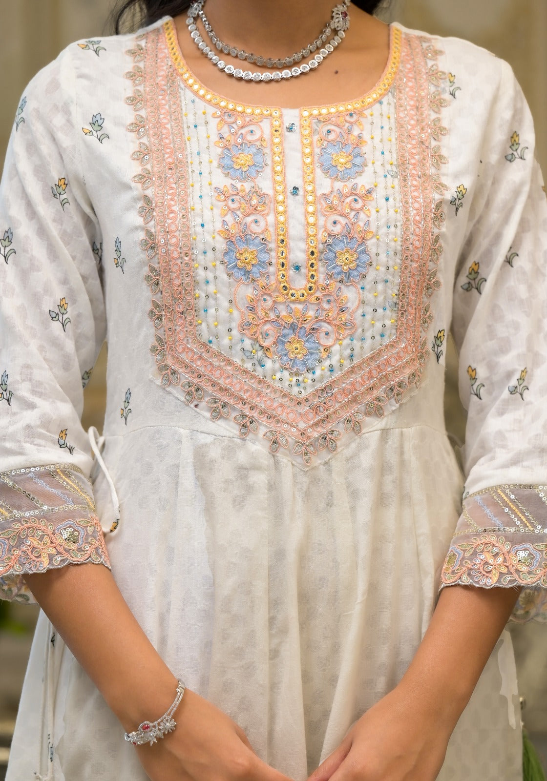 Elegant Pure Cotton White Anarkali Set wesnic clothing