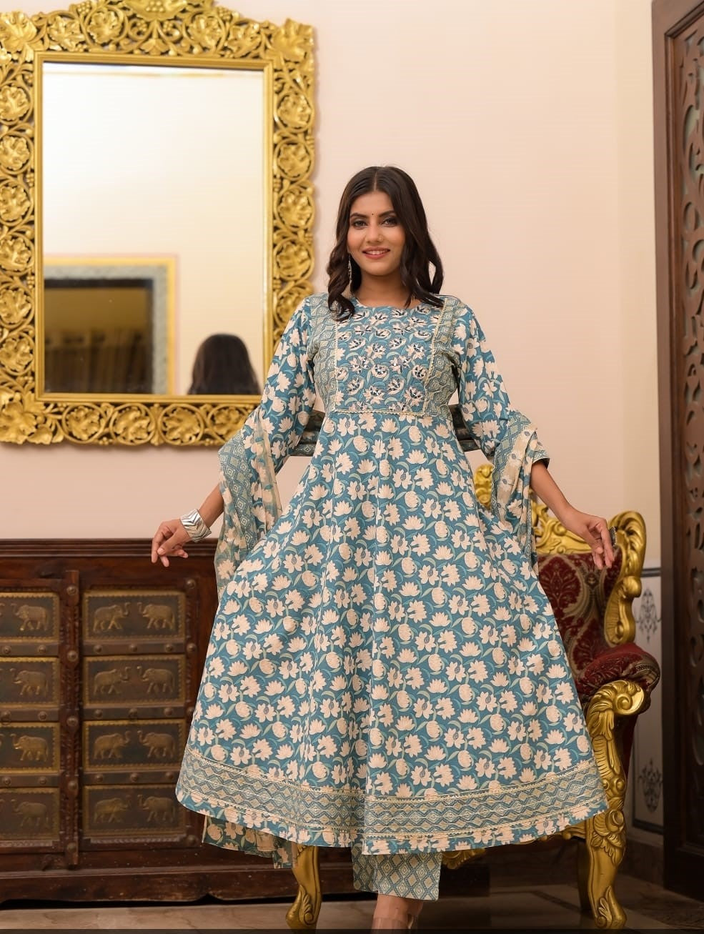 Handblock Blue Beige Kurta Set wesnic clothing