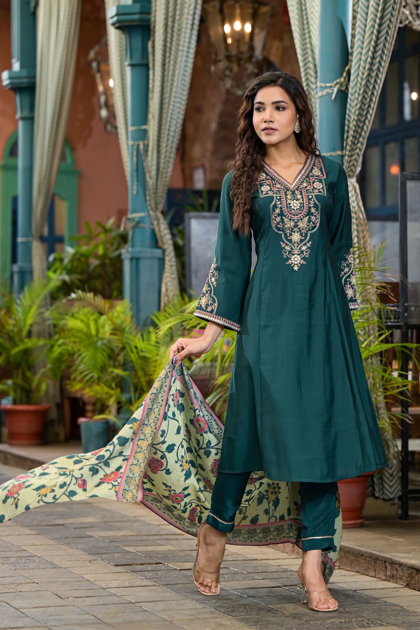 Green Neck Embroided Kurta Set