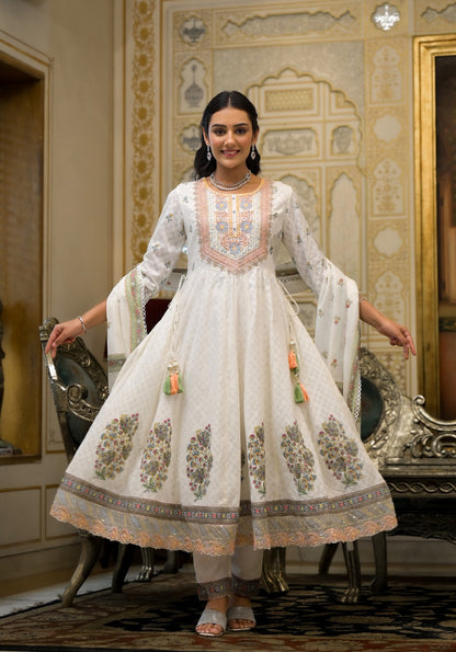 Elegant Pure Cotton White Anarkali Set