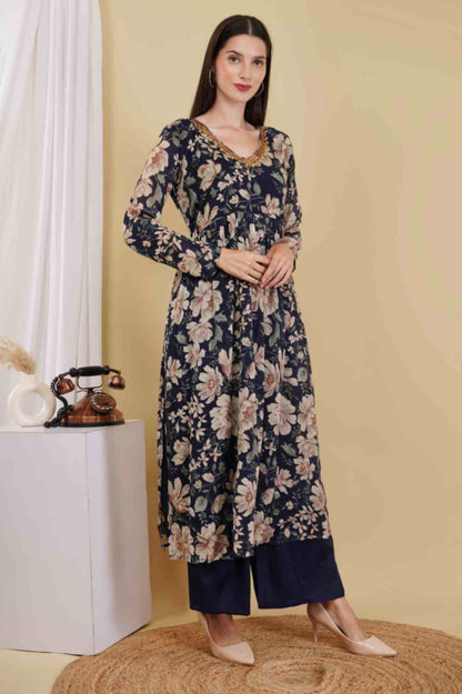 Navy Blue Floral Kurta Set