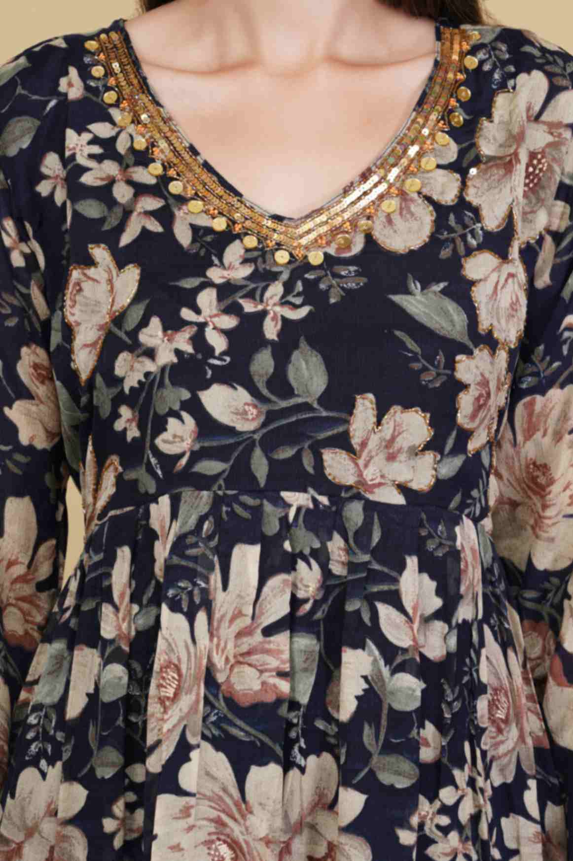 Navy Blue Floral Kurta Set