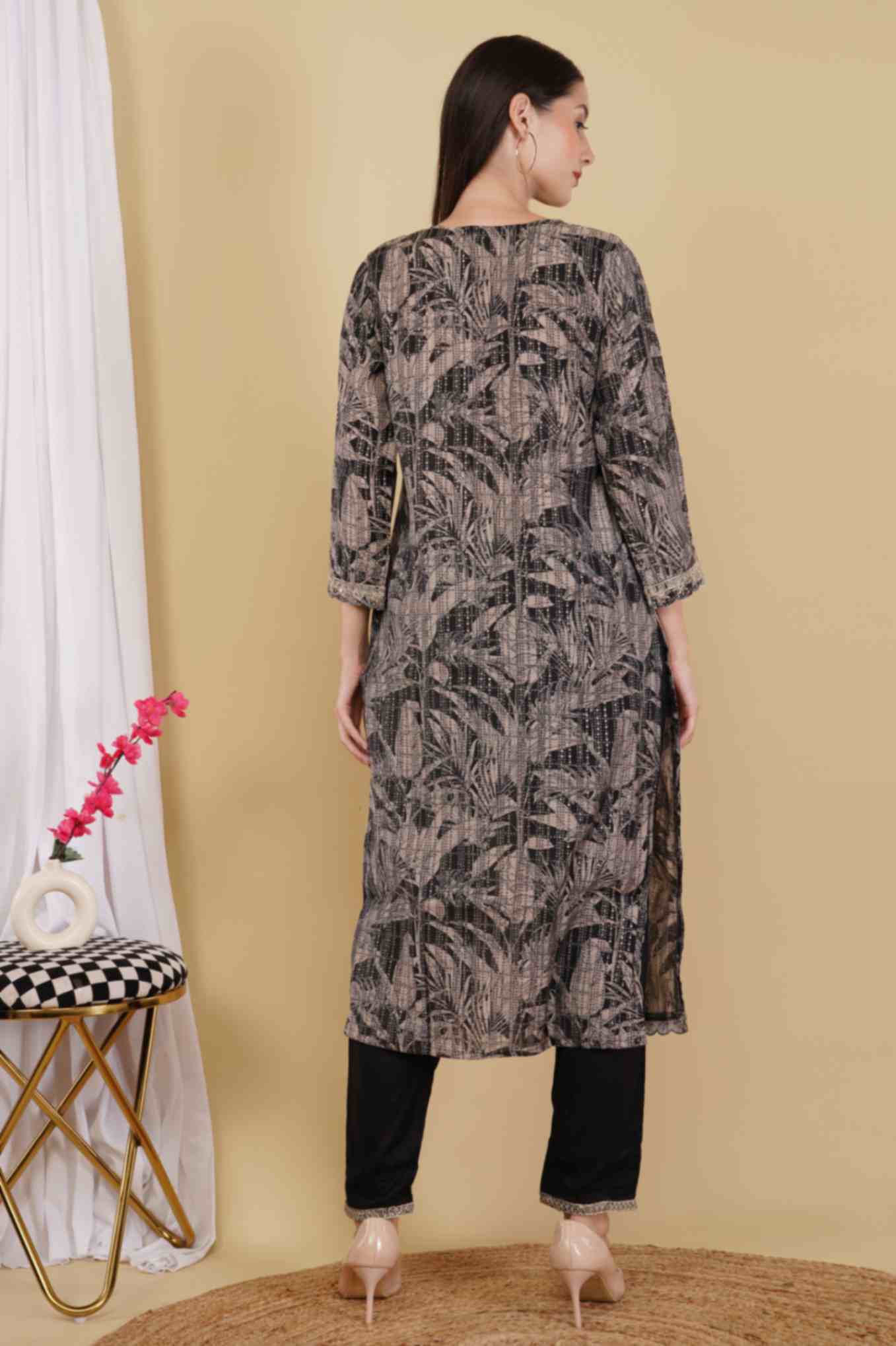 Embroidered Black Floral Kurta Set