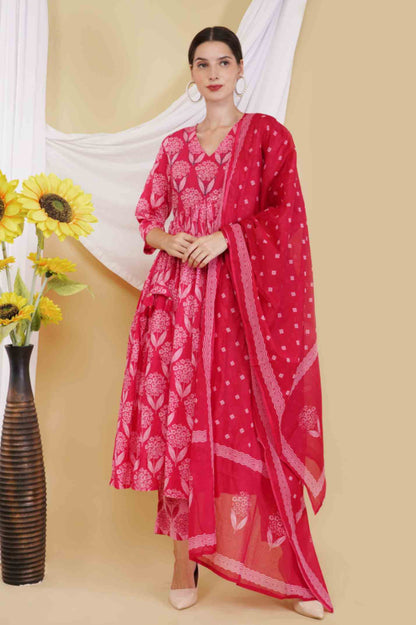 Handblock dark pink kurta set