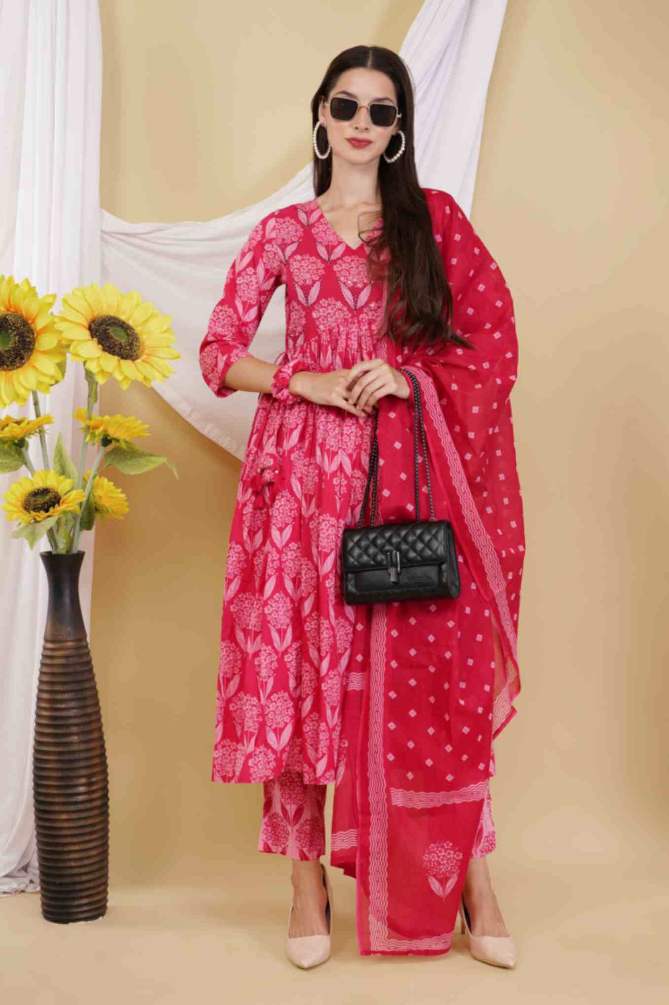 Handblock dark pink kurta set