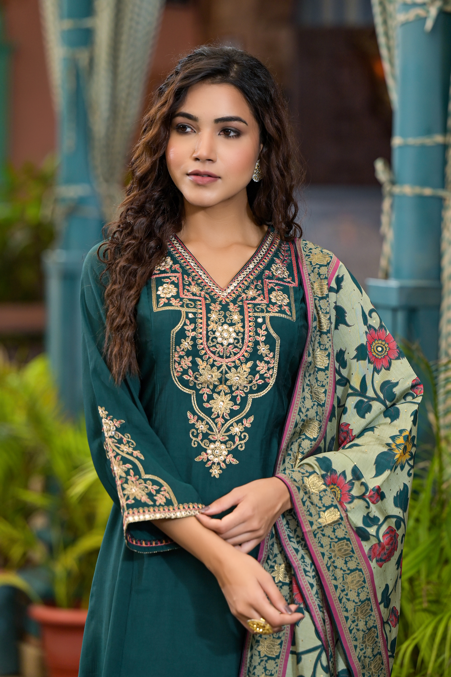 Green Neck Embroided Kurta Set